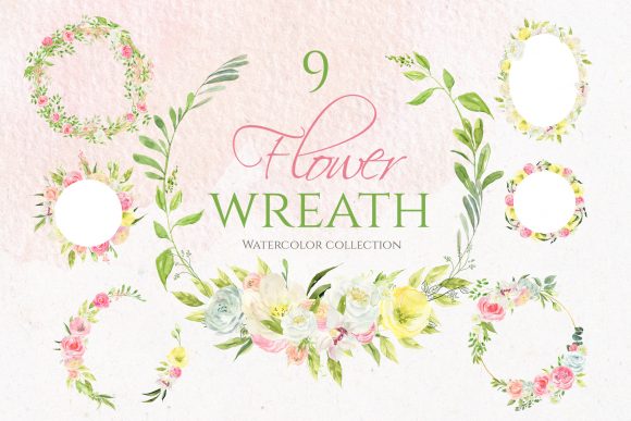 9 Spring Watercolor Flower Wreath and Illustrations