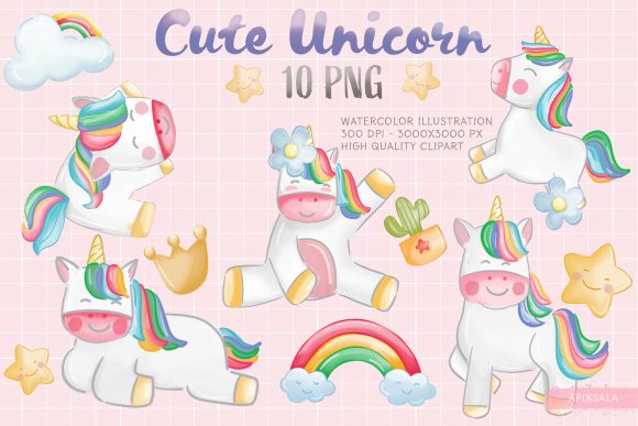 Cute Unicorn Watercolor Clipart Bundle and Illustrations