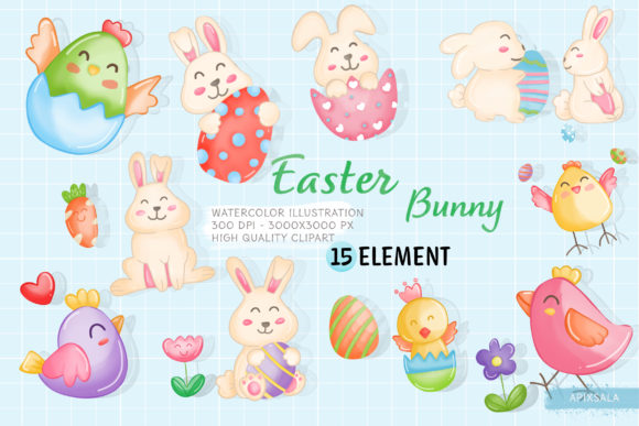 Easter Bunny Watercolor Clipart Bundle and Illustrations