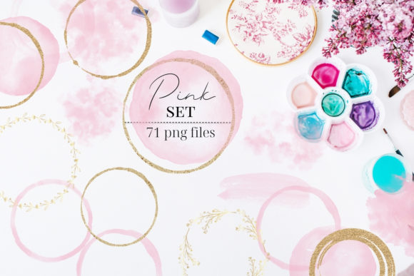 Gold Circles and Pink Watercolor Element