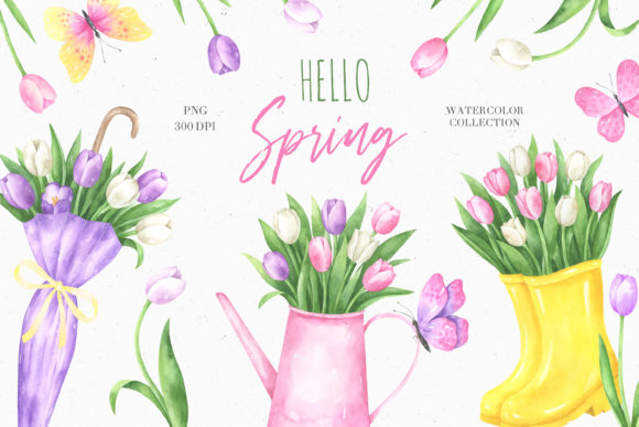 Hello Spring Watercolor Collection and Illustrations