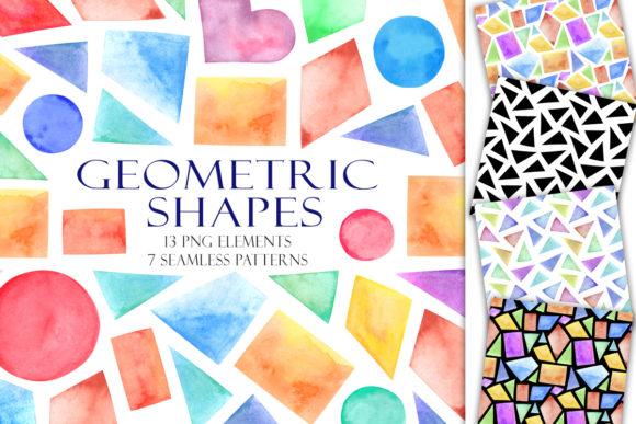 Set of Watercolor Geometric Shapes and Illustrations