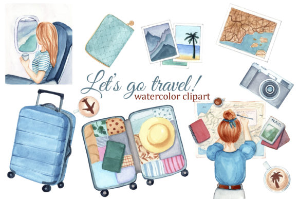 Travel Girl Watercolor Clipart, Illustrations