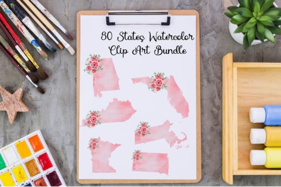 USA Map Watercolor Floral Clipart Illustrations