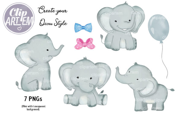 Watercolor Baby Elephants Boy Girl Illustrations