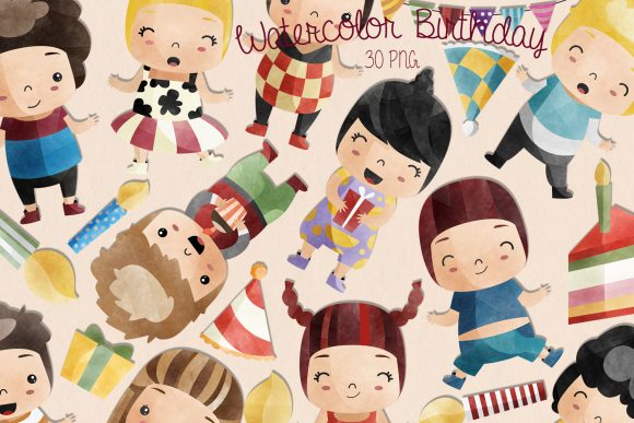 Watercolor Birthday Clipart Set of 30 and Illustrations