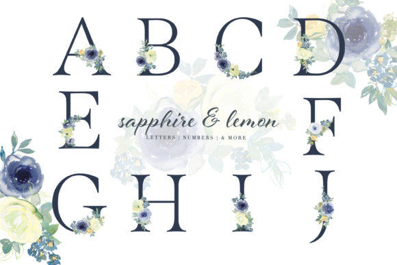 Watercolor Blue Floral Alphabet Clipart and Illustrations