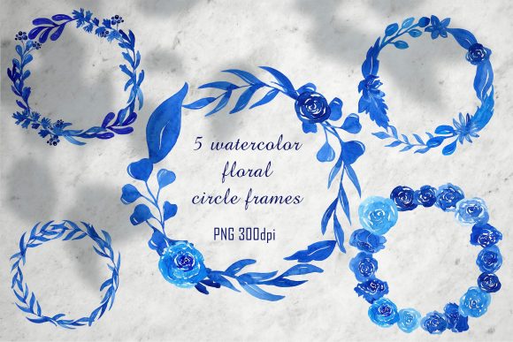 Watercolor Blue Floral Wreath PNG Frame Illustrations