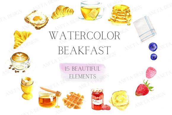 Watercolor Breakfast Clipart, Pancake and Illustrations