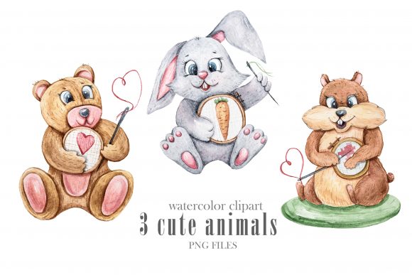 Watercolor Bunny, Bear, Hamster Clipart and Illustrations