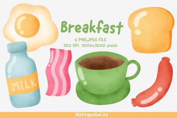 Watercolor Cute Breakfast Clipart Bundle and Illustrations
