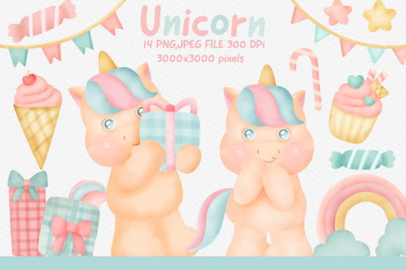 Watercolor Cute Unicorn Clipart Bundle and Illustrations