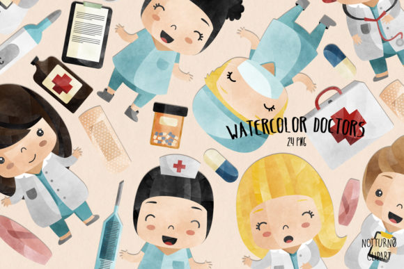 Watercolor Doctor Clipart Set of 24 and Illustrations