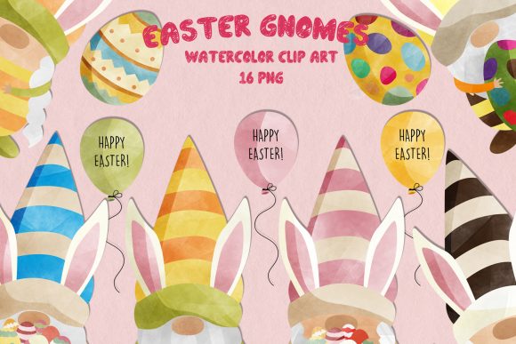 Watercolor Easter Gnomes Set of 16 Illustrations