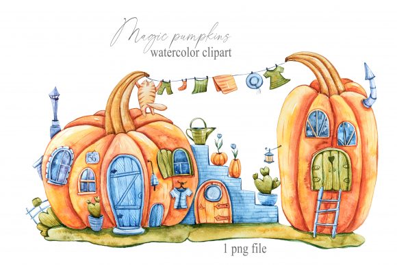 Watercolor Fantasy Pumpkin-house Clipart and Illustrations