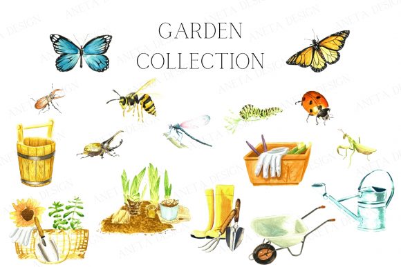 Watercolor Gardening Set, Spring Insects Illustrations