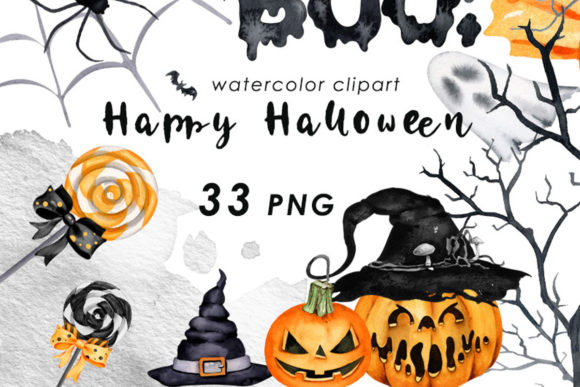 Watercolor Halloween Clipart Pumpkins and Illustrations