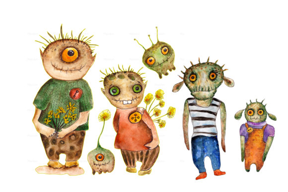 Watercolor Illustration Funny Monsters