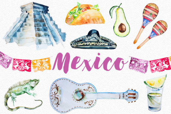 Watercolor Mexico Clipart Set and Illustrations