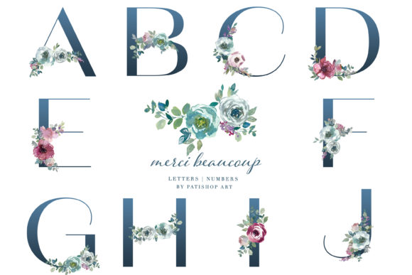 Watercolor Mint Mauve Floral Alphabet Illustrations