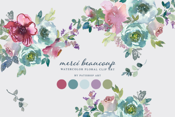 Watercolor Mint Mauve Floral Clipart and Illustrations