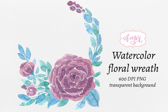 Watercolor Purple Floral Wreath Illustrations