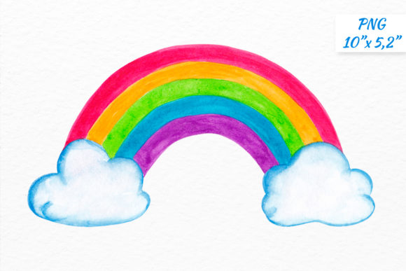 Watercolor Rainbow with Clouds Clipart and Illustrations