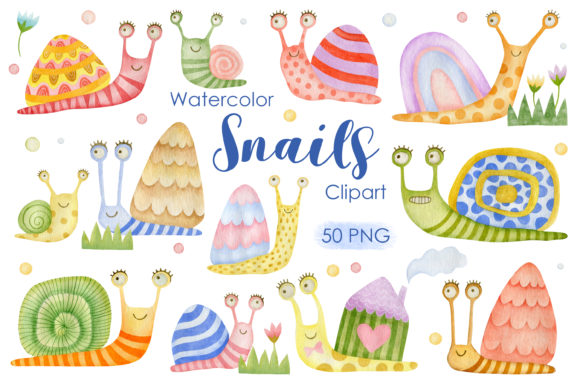 Watercolor Snails Clipart and Illustrations