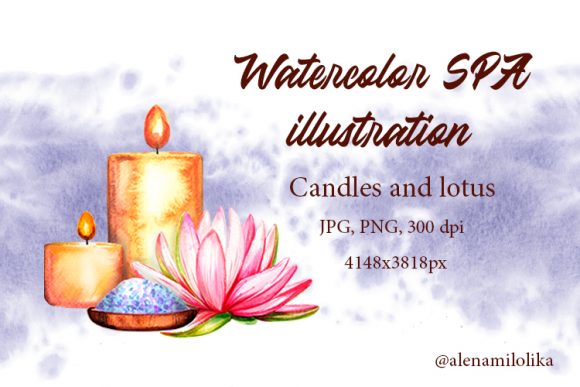 Watercolor SPA Card. Candles and Lotus. Illustrations