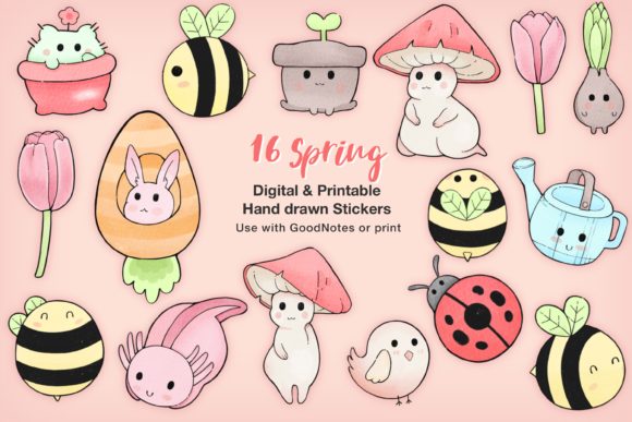 Watercolor Spring Digital Stickers Set and Illustrations