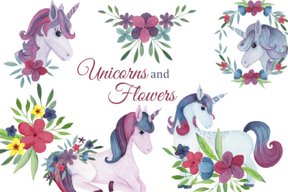 Watercolor Unicorns Clipart, Pink Floral Illustrations