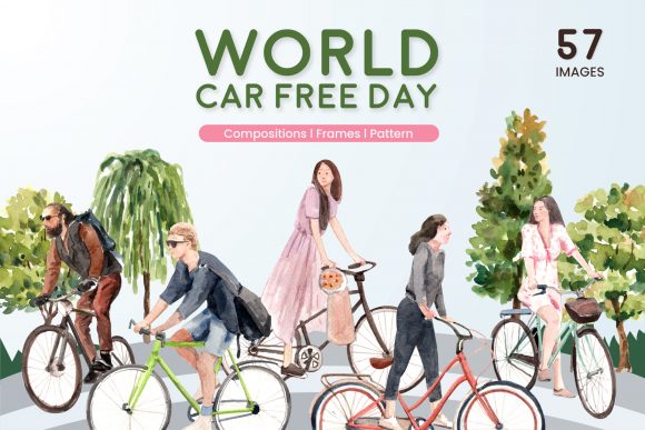 World Car Free Day Watercolor Illustrations